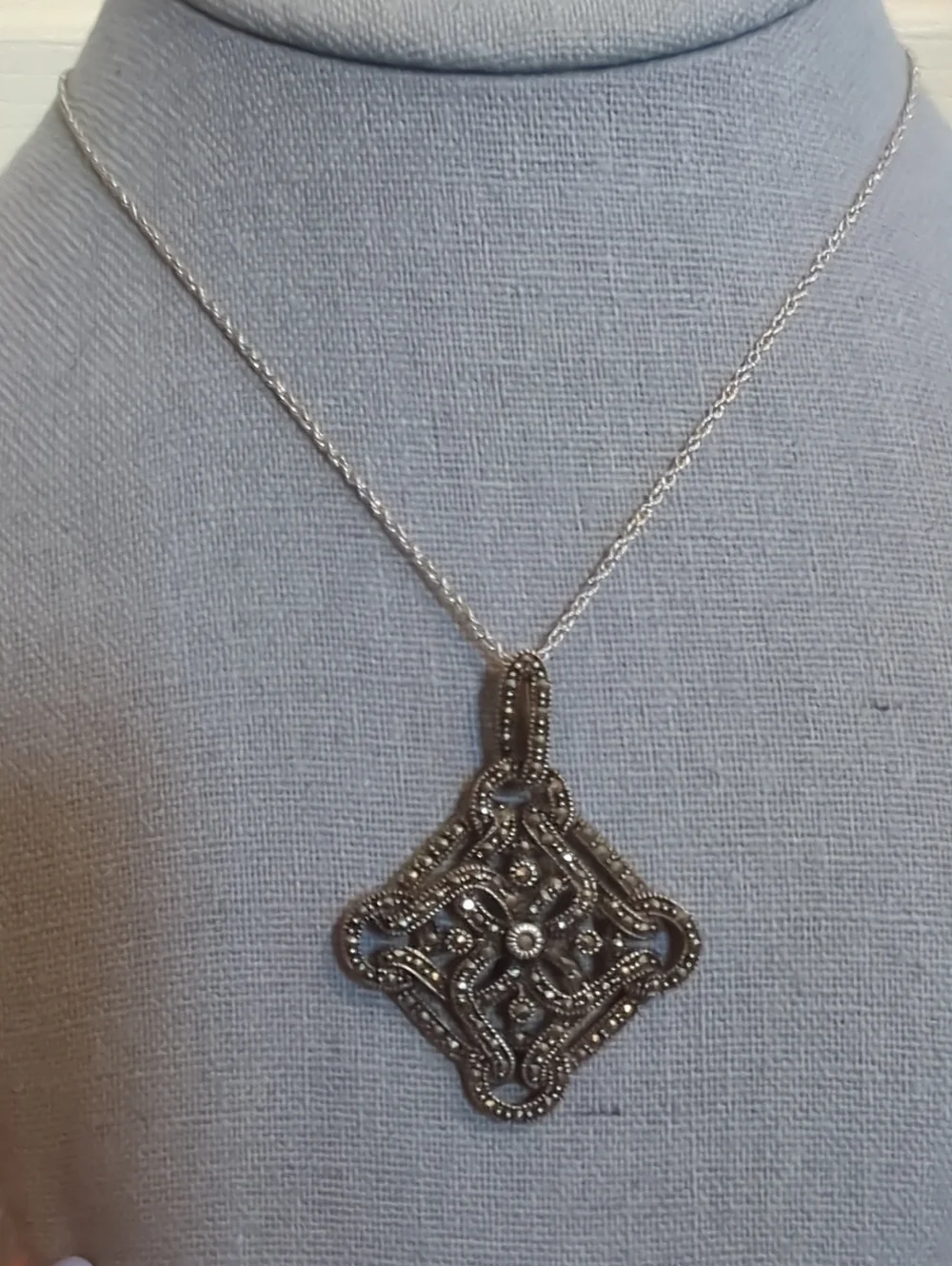 Vintage Marcasite Sterling Silver Filigree Pendant Necklace